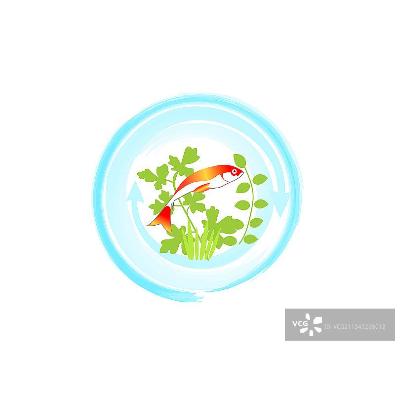 蓝色圆圈中的红色鱼与鱼菜共生系统图片素材