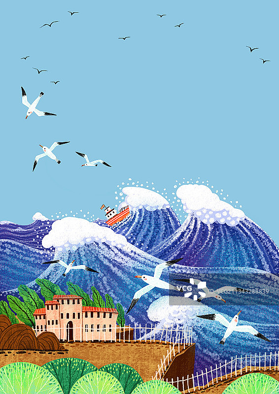 风景插画-海浪海鸥和房子图片素材
