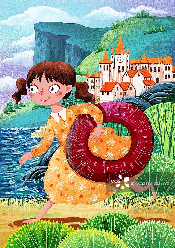 人物插画系列-走在路上的带着游泳圈的女孩图片素材