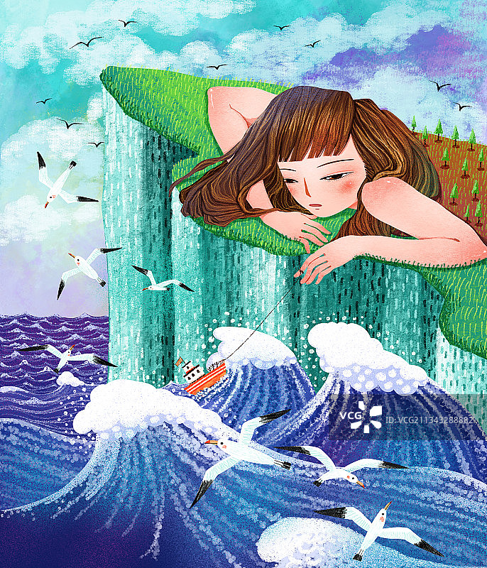 人物插画系列-趴在地上的女人看海浪图片素材