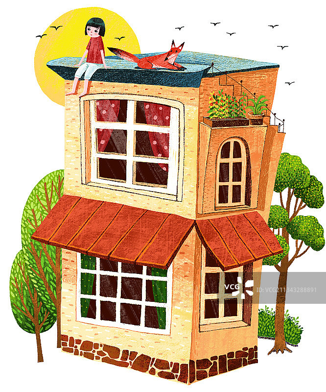 人物插画系列-坐在屋顶的女孩图片素材