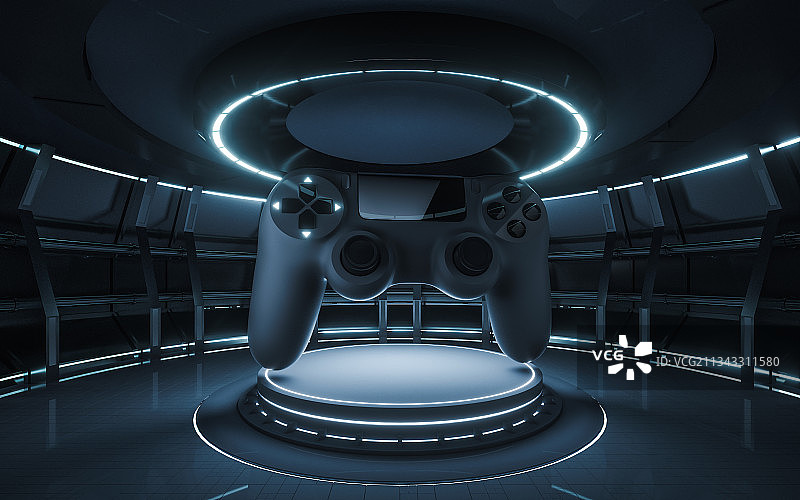 科技感圆形房间内的游戏手柄 3D渲染图片素材
