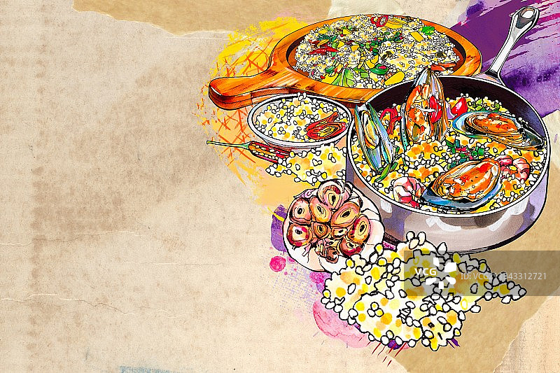 非洲特色美食小吃 小米 北非古斯米 美食手绘插画 海鲜烩饭图片素材