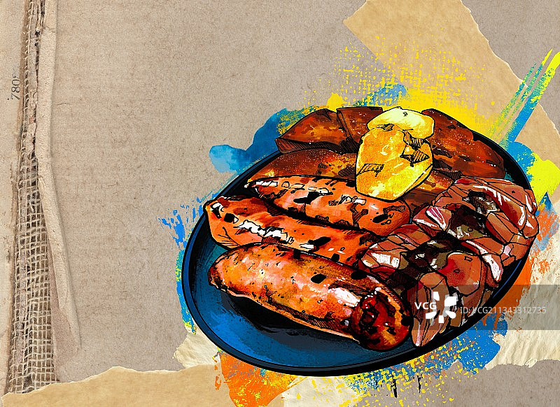 非洲美食 烤肉 美食手绘插画 香肠 百兽宴图片素材