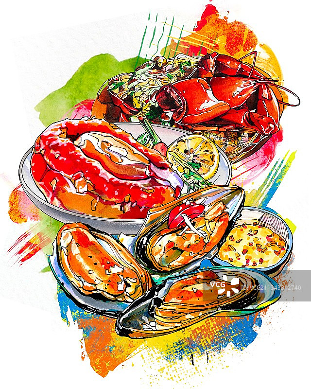 非洲美食手绘插画 海鲜 贝壳 龙虾 南非鲍鱼 背景海报图片素材