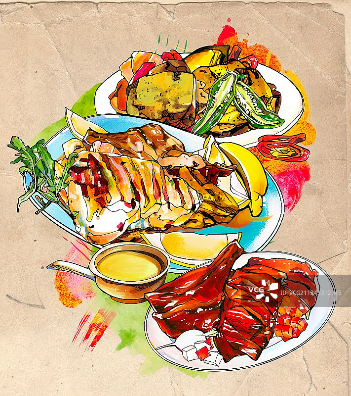 非洲美食手绘插画 鸡肉安哥拉姆安巴鸡 莫桑比克霹雳鸡 柠檬图片素材