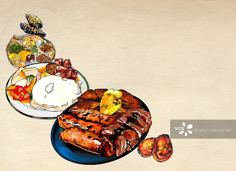 非洲美食手绘插画 英吉拉 海鲜 鸡肉 南非 北非 东非图片素材