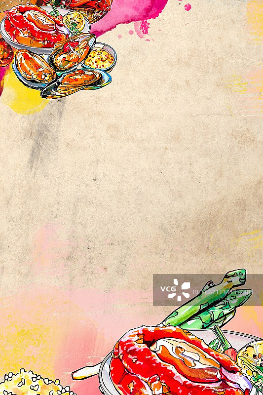 非洲美食手绘插画 英吉拉 海鲜 鸡肉 南非 北非 东非图片素材