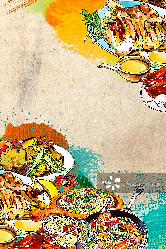 非洲美食手绘插画 英吉拉 海鲜 鸡肉 南非 北非 东非图片素材