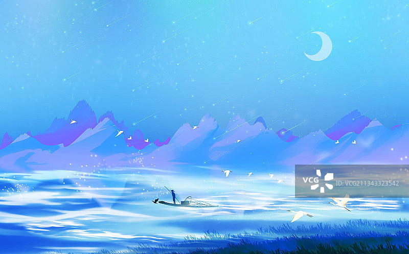 水彩背景插画英仙座流星雨山水风景梦幻插画图片素材