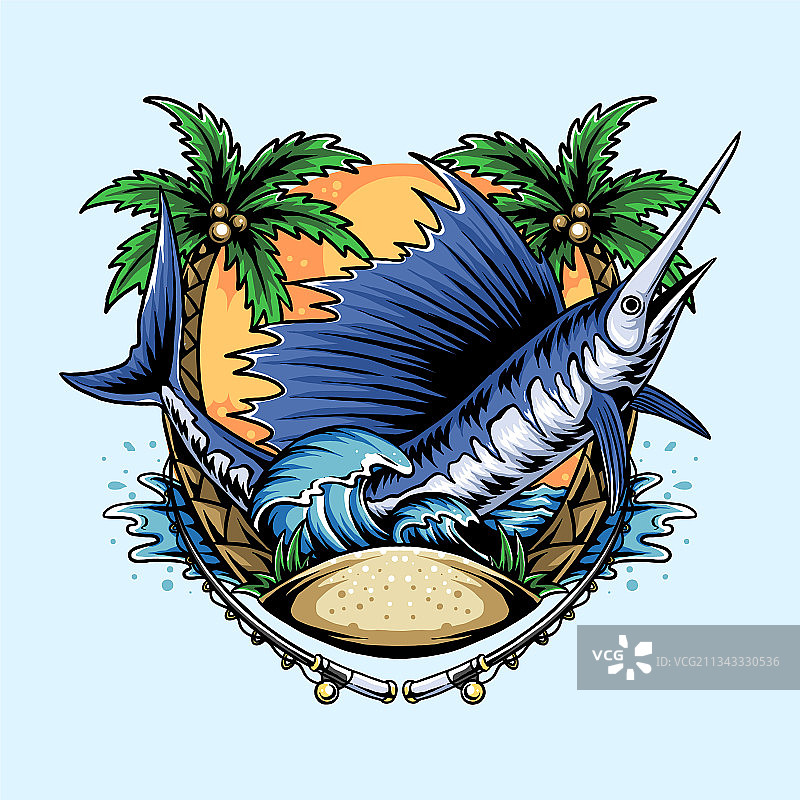 椰树海滩上的马林鱼图片素材