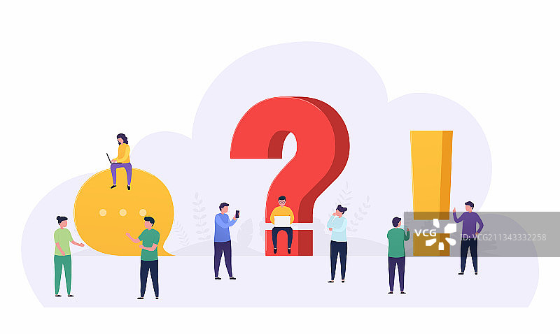 人们站在问号和感叹号旁图片素材