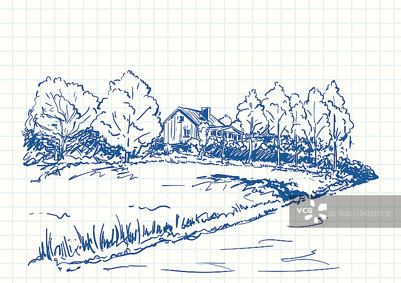 乡村房屋，四周环绕着树木，蓝色钢笔图片素材