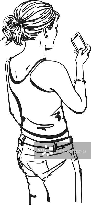 素描：女人用智能手机拍照图片素材
