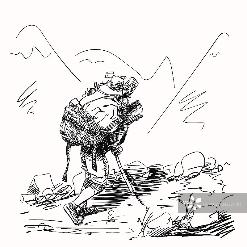 搬运工背着篮子爬坡素描图片素材