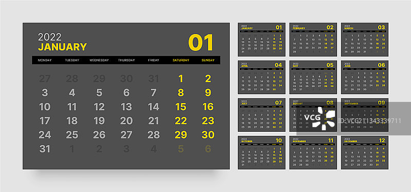 2022年月度日历，每周开始图片素材