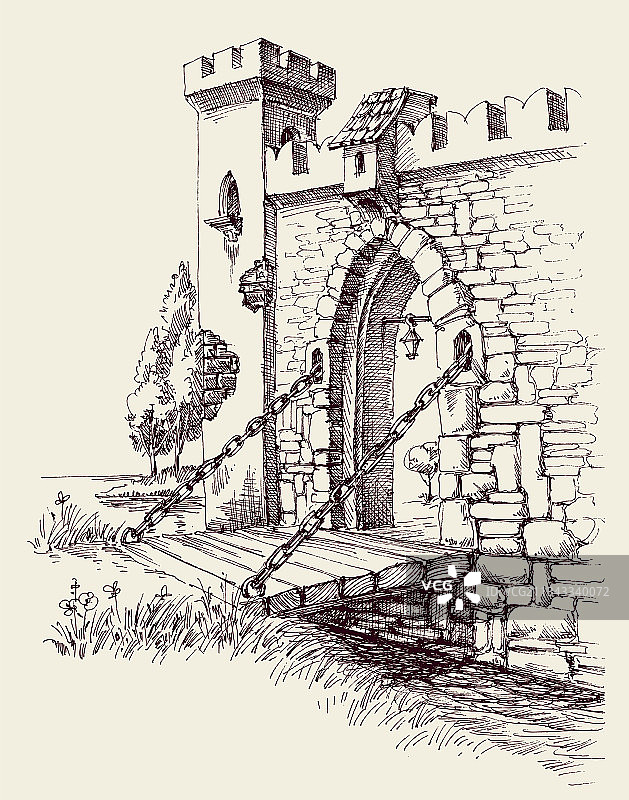 古老城市城堡的石门木桥图片素材