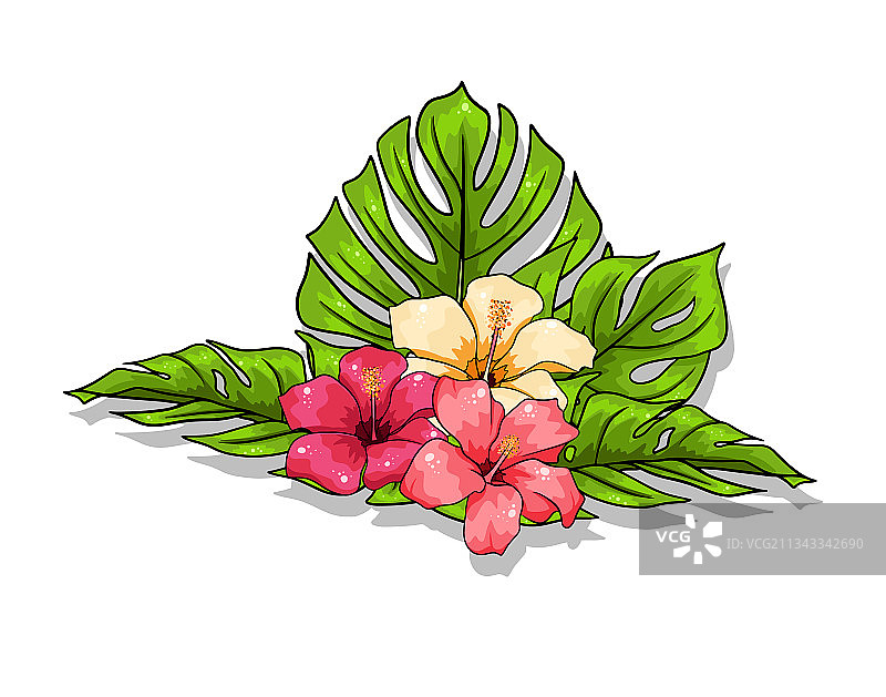 包含异域花卉和树叶的热带元素合集图片素材