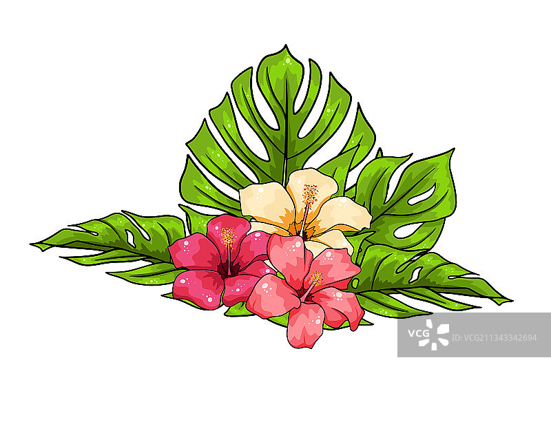 包含异域花卉和树叶的热带元素合集图片素材