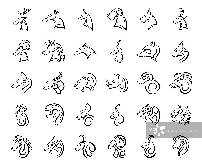 黑色动物头像线条艺术图标集图片素材