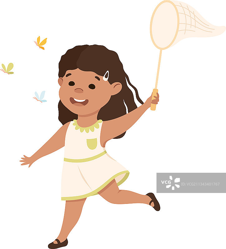 可爱女孩用网捕捉蝴蝶图片素材