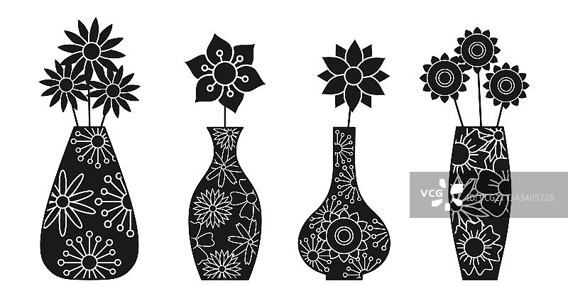 不寻常的黑色剪影花瓶和鲜花套装图片素材