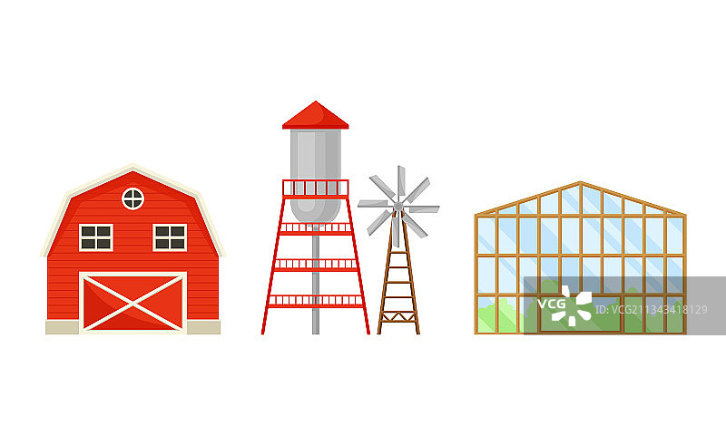 水箱、红色谷仓和温室图片素材