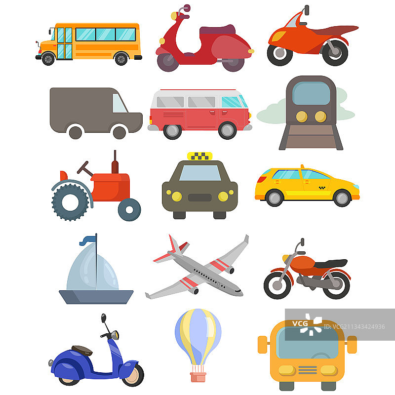 包含汽车、公共汽车、飞机、轮船的交通剪贴画图片素材