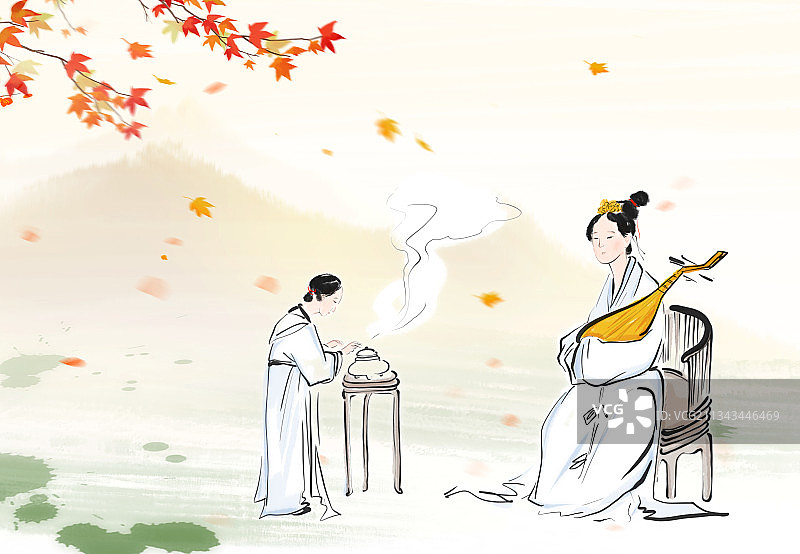 秋天古典诗词文学人物插图琵琶行图片素材