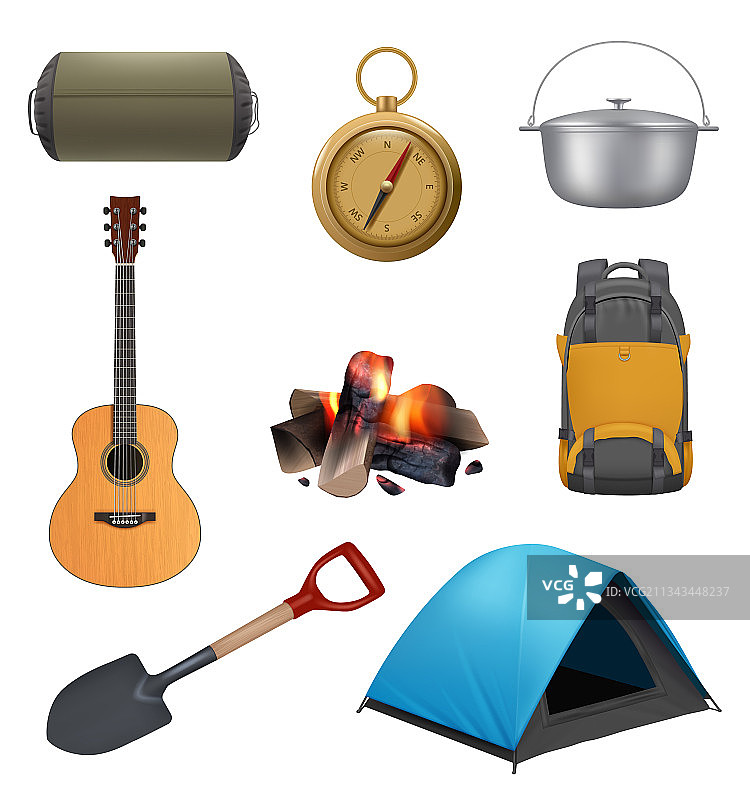 逼真露营元素：篝火帐篷吉他图片素材