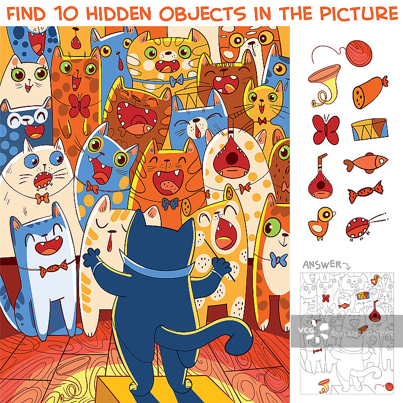 猫咪合唱团与猫咪指挥：寻找10个隐藏元素图片素材