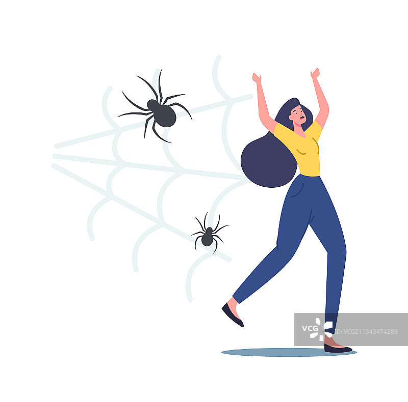 害怕尖叫的女人逃离令人毛骨悚然的蜘蛛图片素材