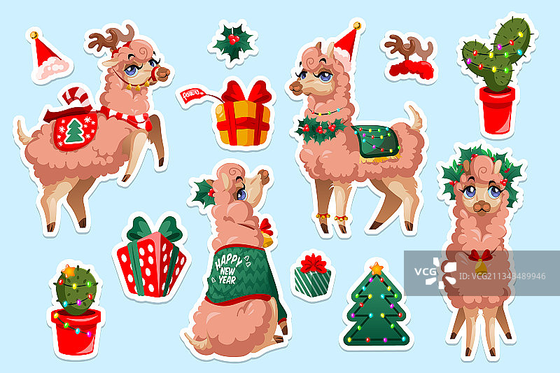 新年羊驼动物贴纸套装图片素材
