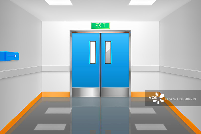 医院走廊的双开门和出口标志图片素材