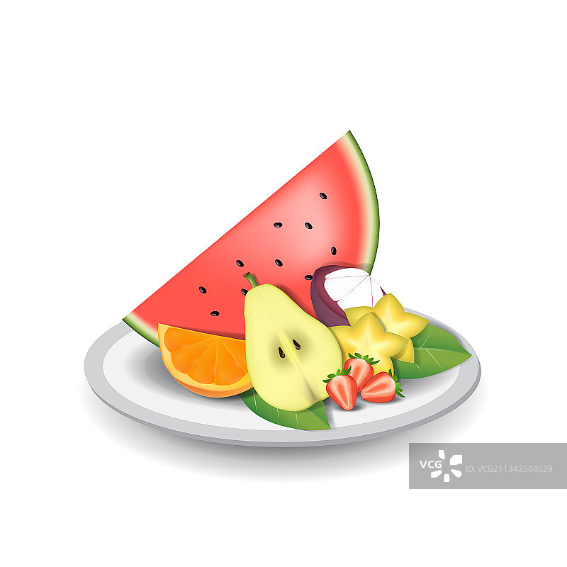 盘子里的逼真天然新鲜水果夏季图片素材