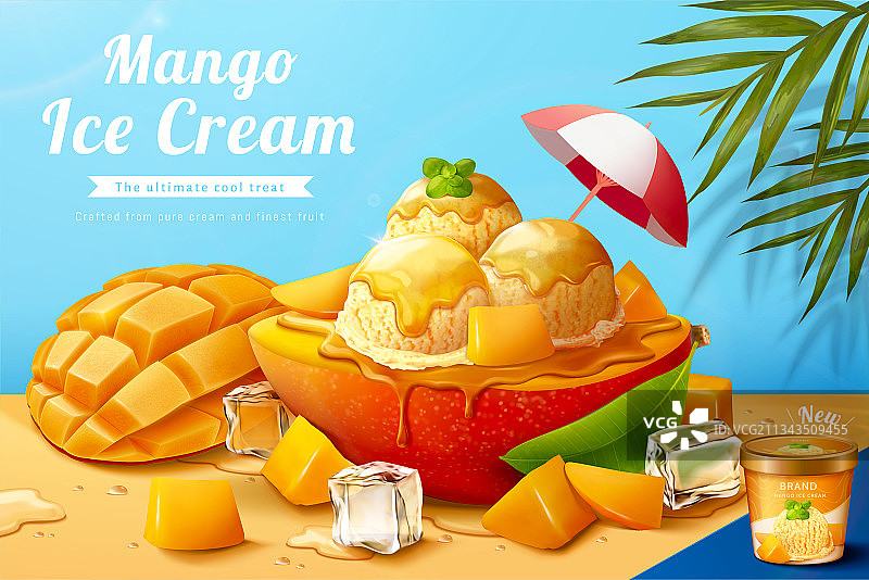 美味芒果果肉与冰淇淋 杯装冰淇淋广告图片素材