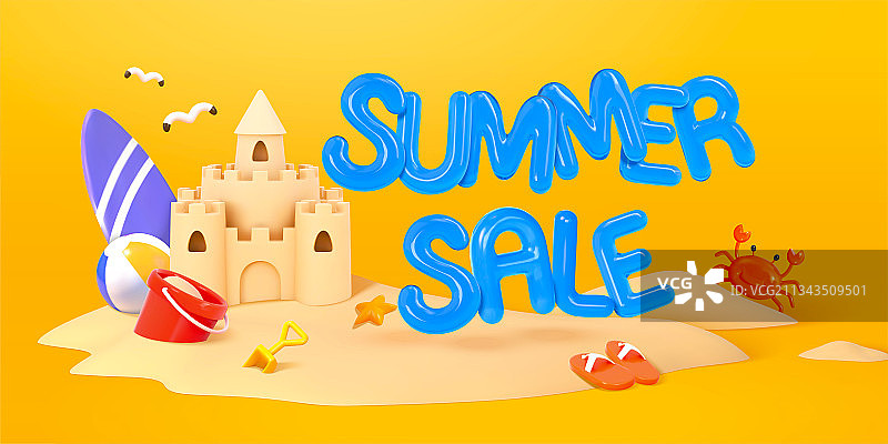 夏日特卖概念三维沙滩插图图片素材