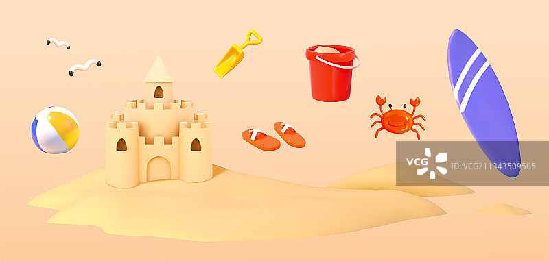 三维沙滩城堡与相关物品素材图片素材