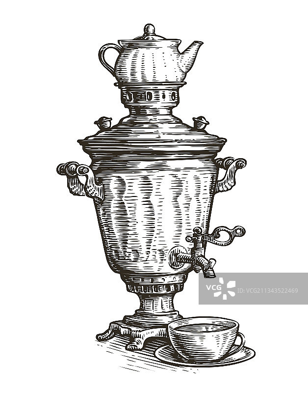 俄式老式茶炊素描图片素材