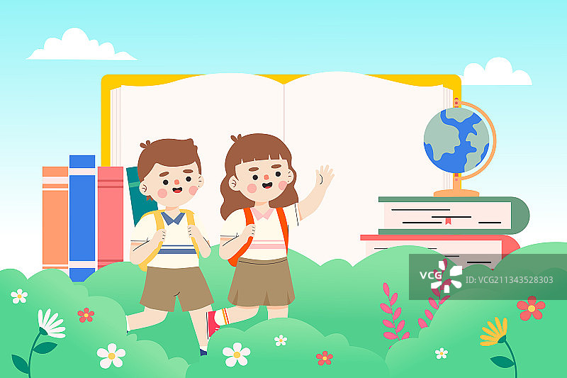 背着书包去上学的小学生矢量插画图片素材