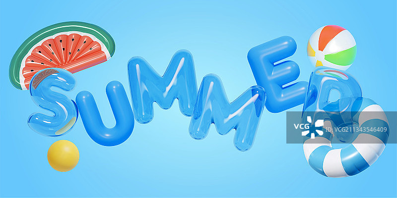 三维夏日清爽英文字母气球与泳圈元素图片素材
