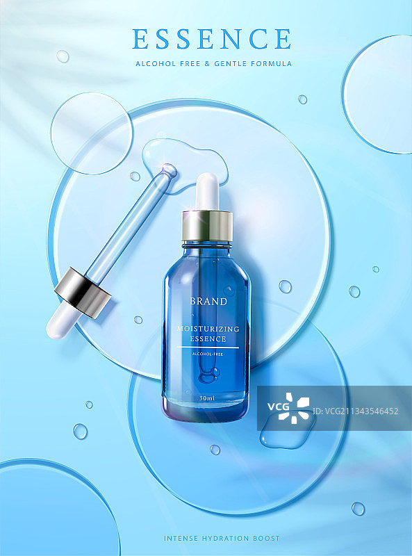 保湿精华液广告海报 透明蓝色圆片装饰背景图片素材