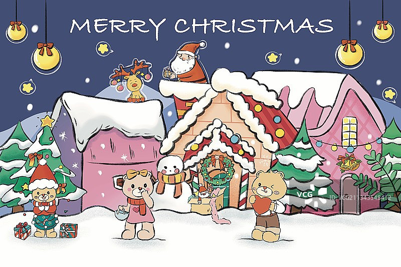圣诞节插画熊圣诞老人圣诞树雪人房子图片素材