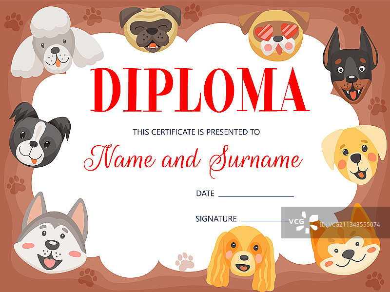 儿童毕业证书与有趣的狗狗相框图片素材