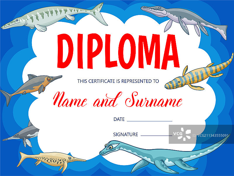 儿童教育文凭证书与水下恐龙图片素材
