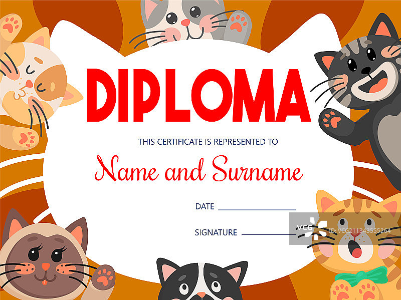 儿童文凭与趣味猫咪框架图片素材
