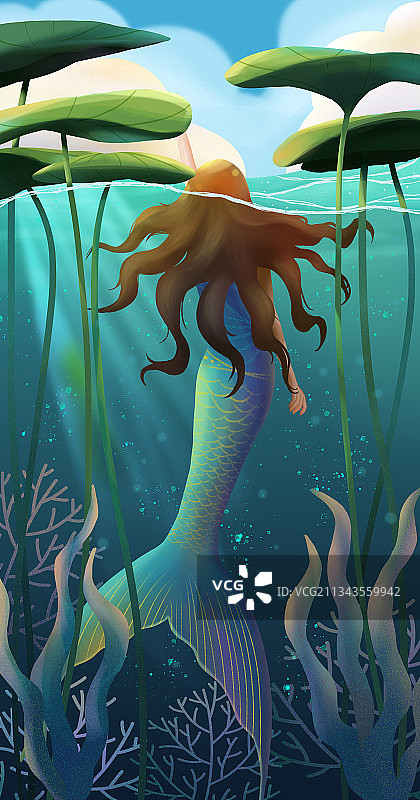 荷塘里的长发美人鱼插画图片素材