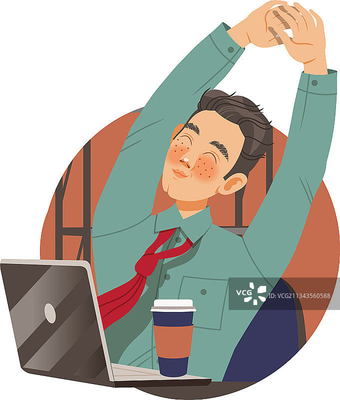 有雀斑的男人办公室工作人员使用笔记本电脑和咖啡图片素材