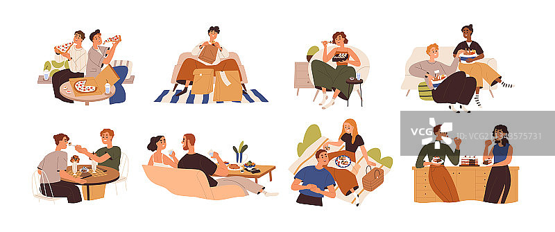 在家或咖啡馆用餐的人物合集图片素材