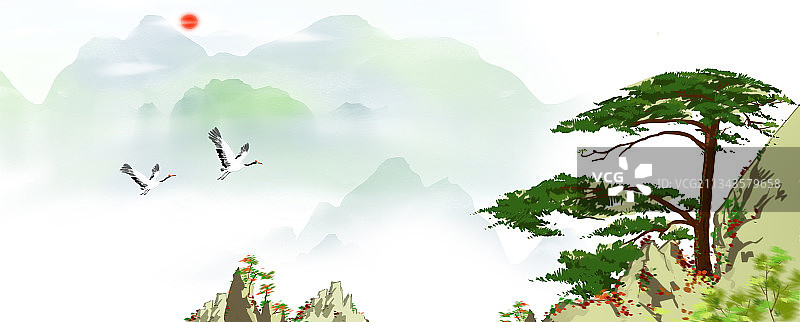 初秋处暑节气黄山风光迎客松风水画图片素材